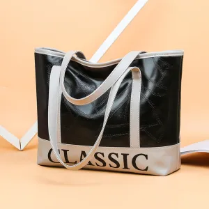 Women's Casual Letter Print Block Color PU Leather Shoulder Tote Bag with Zipper Closure