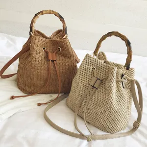 Women Fashion Straw Woven Handle Bucket Bag Solid Color Handbag