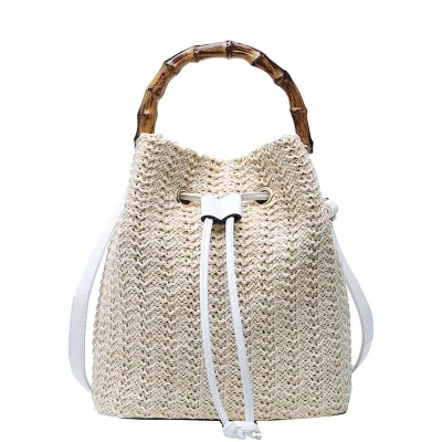 Women Fashion Straw Woven Handle Bucket Bag Solid Color Handbag