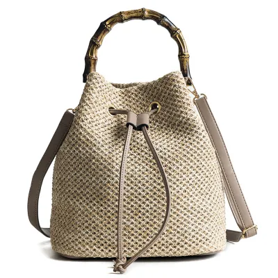 Women Fashion Straw Woven Handle Bucket Bag Solid Color Handbag