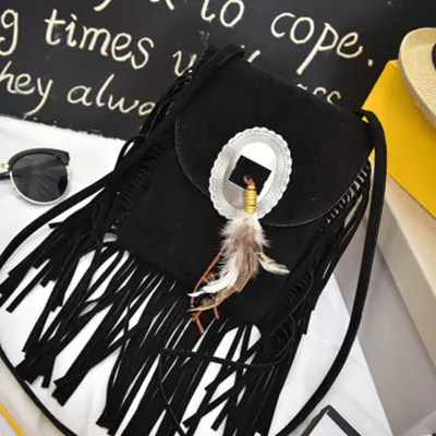 Women Vintage Tassel Decor Feather Boho Crossbody Bag PU Leather Small Square Bag