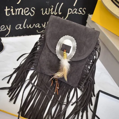 Women Vintage Tassel Decor Feather Boho Crossbody Bag PU Leather Small Square Bag