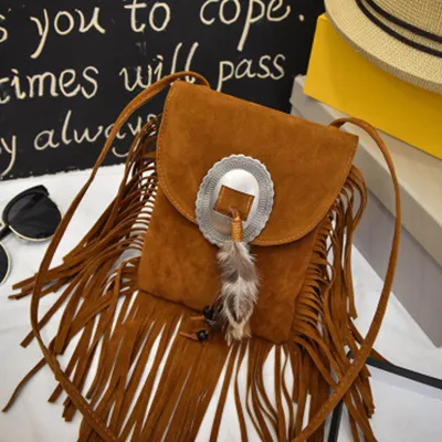 Women Vintage Tassel Decor Feather Boho Crossbody Bag PU Leather Small Square Bag