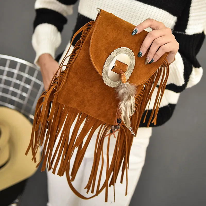 Women Vintage Tassel Decor Feather Boho Crossbody Bag PU Leather Small Square Bag
