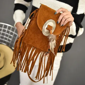 Women Vintage Tassel Decor Feather Boho Crossbody Bag PU Leather Small Square Bag