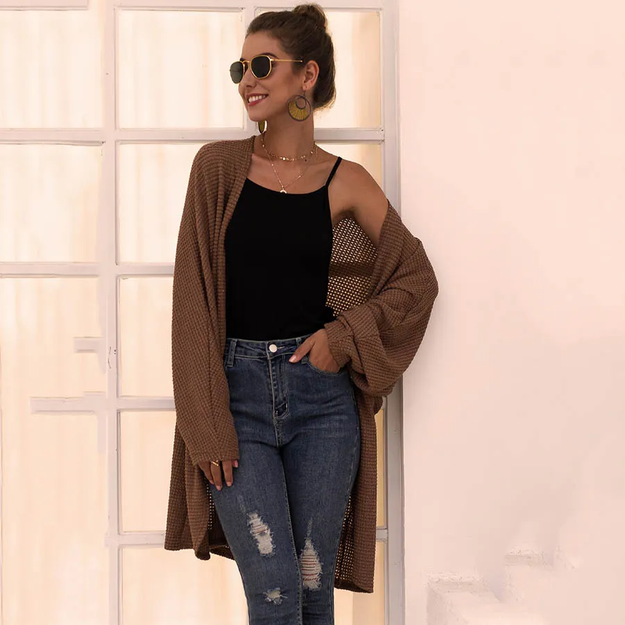 S-XL Women Solid Color Long-sleeve Loose Knitted Cardigan