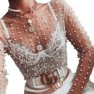 S-XL Women Sexy Rhinestone Decor See-through Mesh Blouse Sweet Fresh