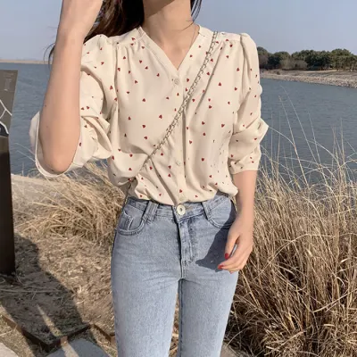 S-XXL Women Casual V Neck Heart-print Blouse