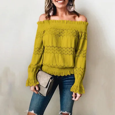 S-XL Women Off-the-shoulder Flare Sleeve Sweet Blouse