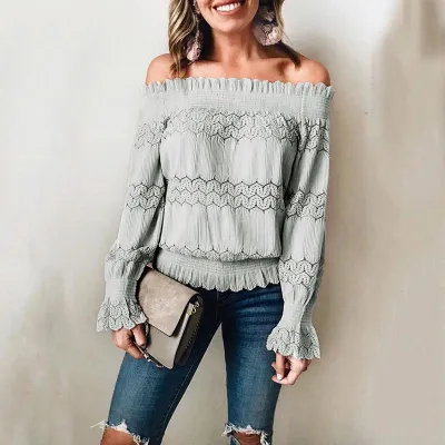 S-XL Women Off-the-shoulder Flare Sleeve Sweet Blouse