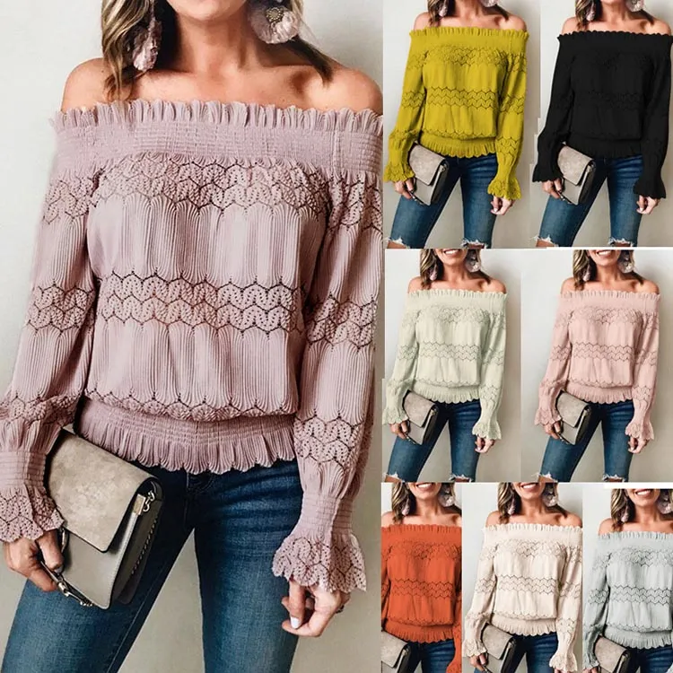S-XL Women Off-the-shoulder Flare Sleeve Sweet Blouse