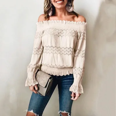 S-XL Women Off-the-shoulder Flare Sleeve Sweet Blouse