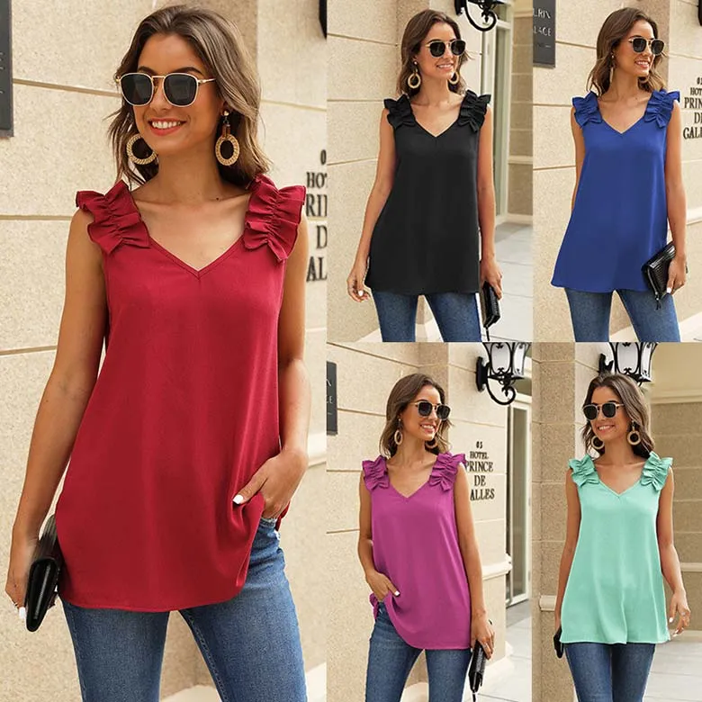 S-XXL Women Slim Fit V-Neck Tank Top Solid Color Office Commuting