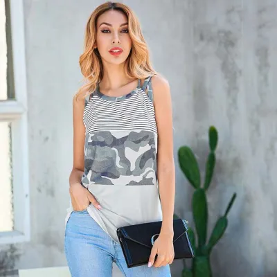 S-XXL Women Stripe Patchwork Casual Cotton Blend Tank Top