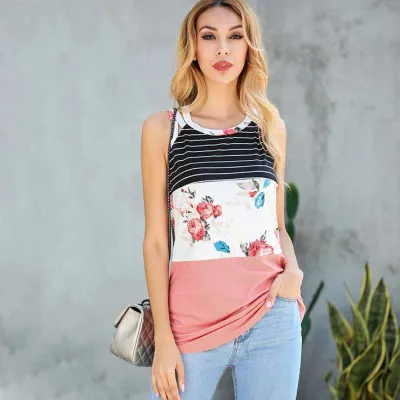 S-XXL Women Stripe Patchwork Casual Cotton Blend Tank Top