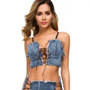 Women Sexy Hollow Lace-up Raw Hem Denim Cropped Camis