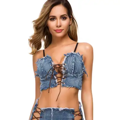 Women Sexy Hollow Lace-up Raw Hem Denim Cropped Camis