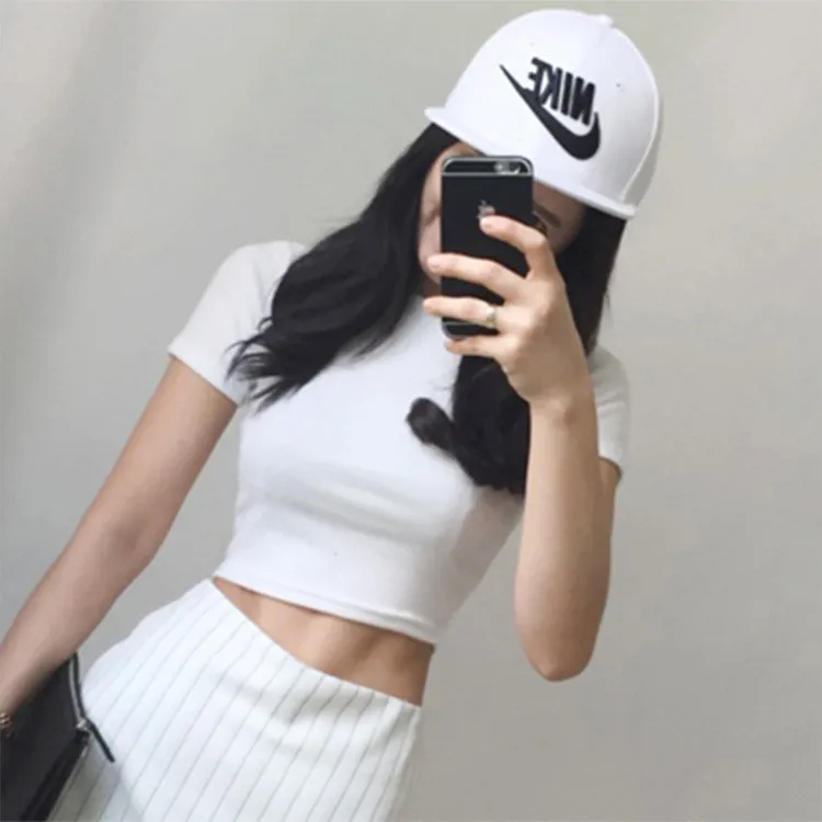 Women Solid Color Short-sleeve Slim Fit Crop Top