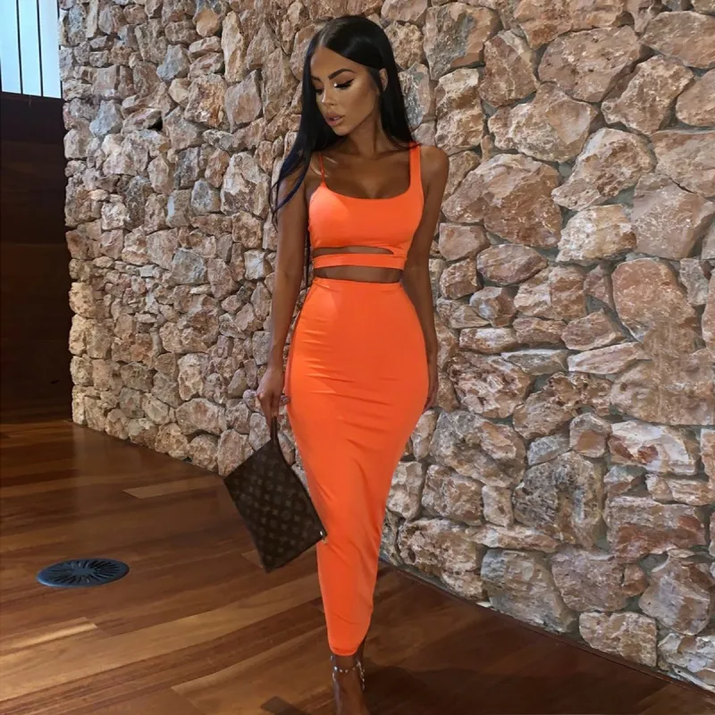 S-XL Solid Color Irregular Hollow Tank Top And Skirt Two-piece Sets