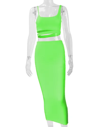 S-XL Solid Color Irregular Hollow Tank Top And Skirt Two-piece Sets