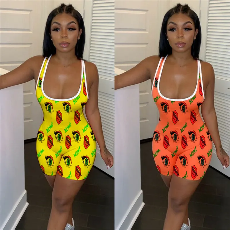 S-XL Sexy Deep U-neck Sleeveless Graphic Print Casual Rompers