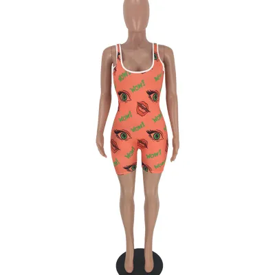 S-XL Sexy Deep U-neck Sleeveless Graphic Print Casual Rompers