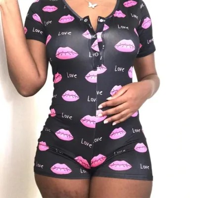S-XXL Women Sexy Butterfly Print Single-breasted Short-sleeve Rompers