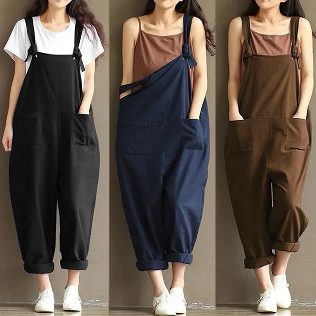 S-5XL Women Fashion Solid Color Pocket Oversize Jumpsuits