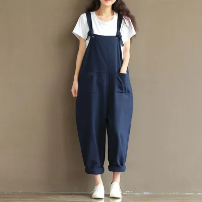 S-5XL Women Fashion Solid Color Pocket Oversize Jumpsuits