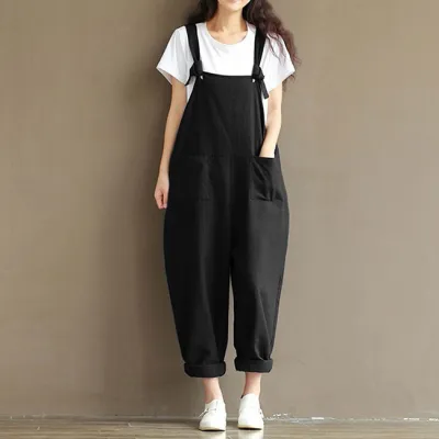 S-5XL Women Fashion Solid Color Pocket Oversize Jumpsuits