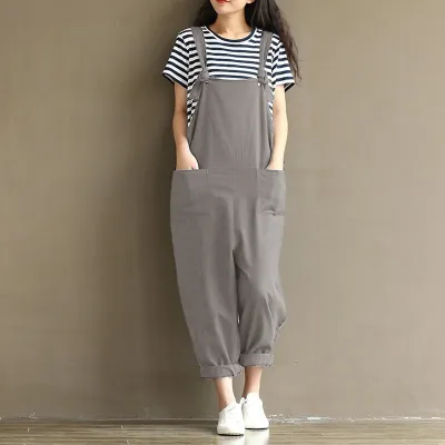 S-5XL Women Fashion Solid Color Pocket Oversize Jumpsuits