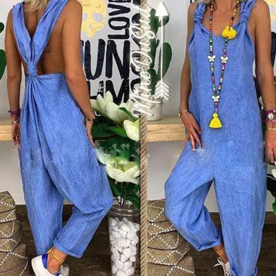 S-5XL Women Casual Solid Color Plus Size Pullover Jumpsuits