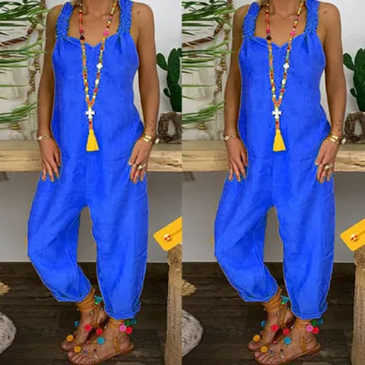 S-5XL Women Casual Solid Color Plus Size Pullover Jumpsuits