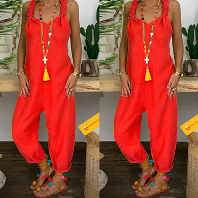 S-5XL Women Casual Solid Color Plus Size Pullover Jumpsuits