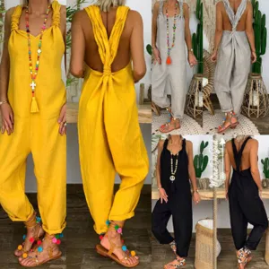 S-5XL Women Casual Solid Color Plus Size Pullover Jumpsuits