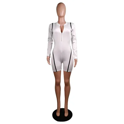 S-XXL Women Sexy Striped Contrast Long-sleeve Zipper Tight Rompers