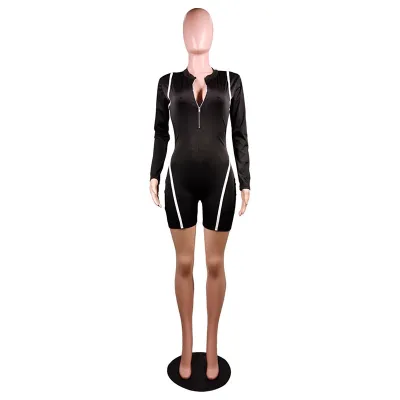 S-XXL Women Sexy Striped Contrast Long-sleeve Zipper Tight Rompers