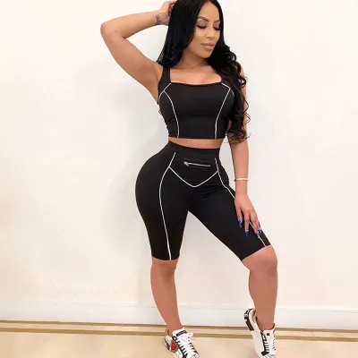 S-XL Women Sexy Backless Crop Top And Zipper Boxing Shorts Two-piece Sets