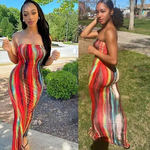 S-3XL Women Sexy Tie-dye Strapless Bodycon Maxi Tube Dress