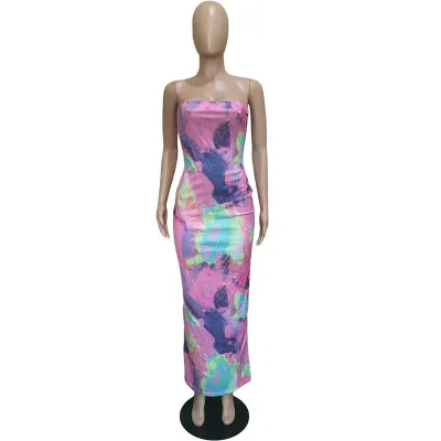 S-3XL Women Sexy Tie-dye Strapless Bodycon Maxi Tube Dress