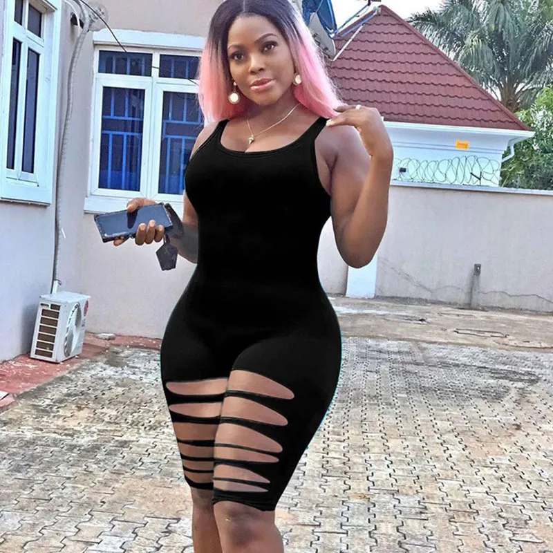 S-XL Women Sexy Solid Color Cutout Design Bodycon Rompers