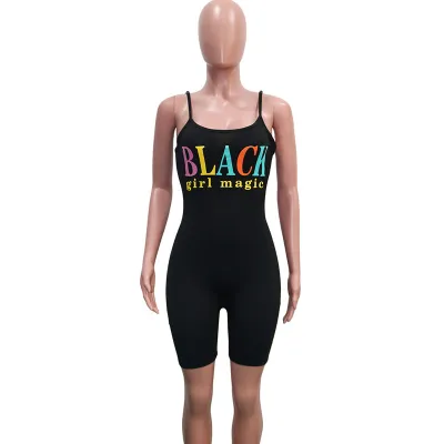 S-XL Women Sexy Backless Letter Print Sling Slim Rompers