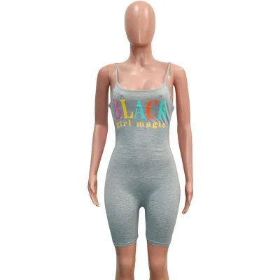 S-XL Women Sexy Backless Letter Print Sling Slim Rompers