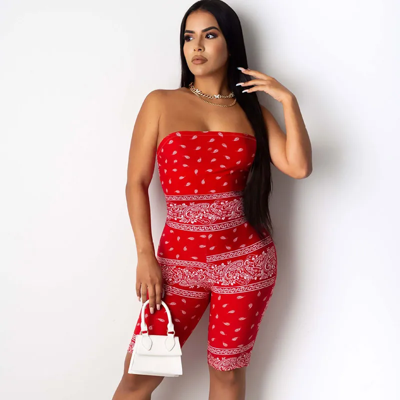 S-2XL Women Sexy Cool-shoulder Backless Ethnic Print Rompers