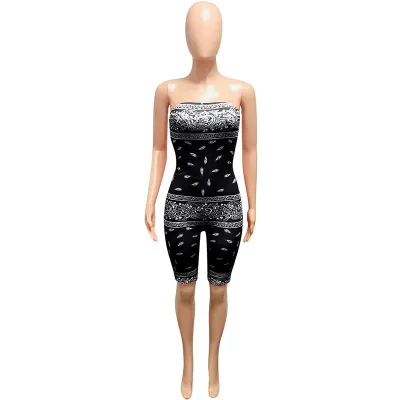 S-2XL Women Sexy Cool-shoulder Backless Ethnic Print Rompers