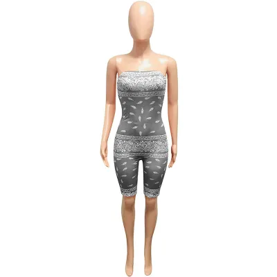 S-2XL Women Sexy Cool-shoulder Backless Ethnic Print Rompers