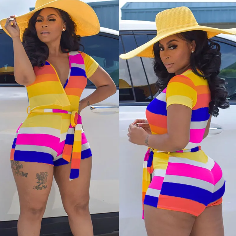 S-XXL Women Fashion Block Color V-neck Short-sleeve Lace-up Bodycon Rompers