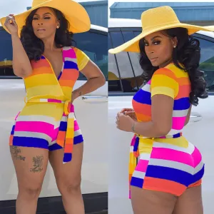 S-XXL Women Fashion Block Color V-neck Short-sleeve Lace-up Bodycon Rompers