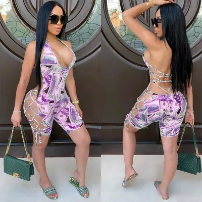 S-3XL Women Sexy V-neck Dollar Print Backless Bandage Sling Rompers