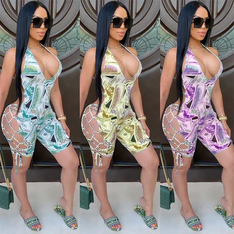 S-3XL Women Sexy V-neck Dollar Print Backless Bandage Sling Rompers
